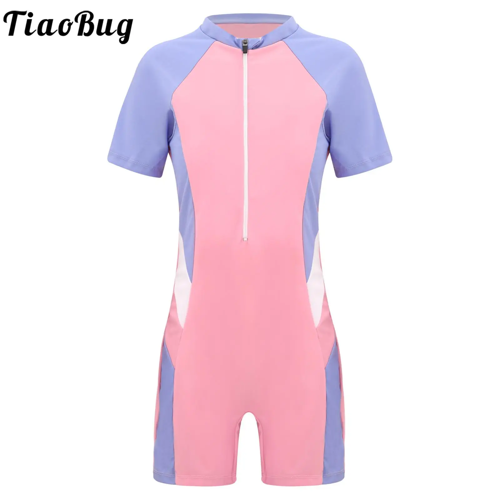 

Kids Girls One-piece Swimsuit Short Sleeve Patchwork Jumpsuit Surfing Bathing Suit Pool Beach Rash Guard Swimwear Sportswear