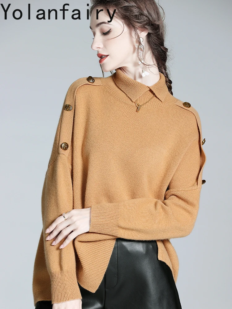 YOLANFAIRY 89% الصوف 11% سترة الكشمير المعنقة امرأة عالية الرقبة الخريف الشتاء الكورية موضة البلوفرات النسائية بلايز محبوك البلوزات