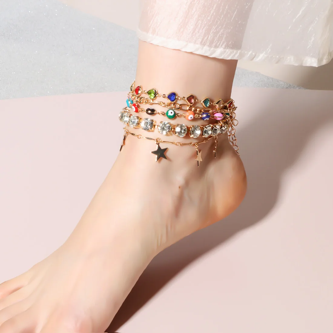 DIY accessories European and American fashion temperament color multi-layer fringed anklet women's alloy anklet set AK490