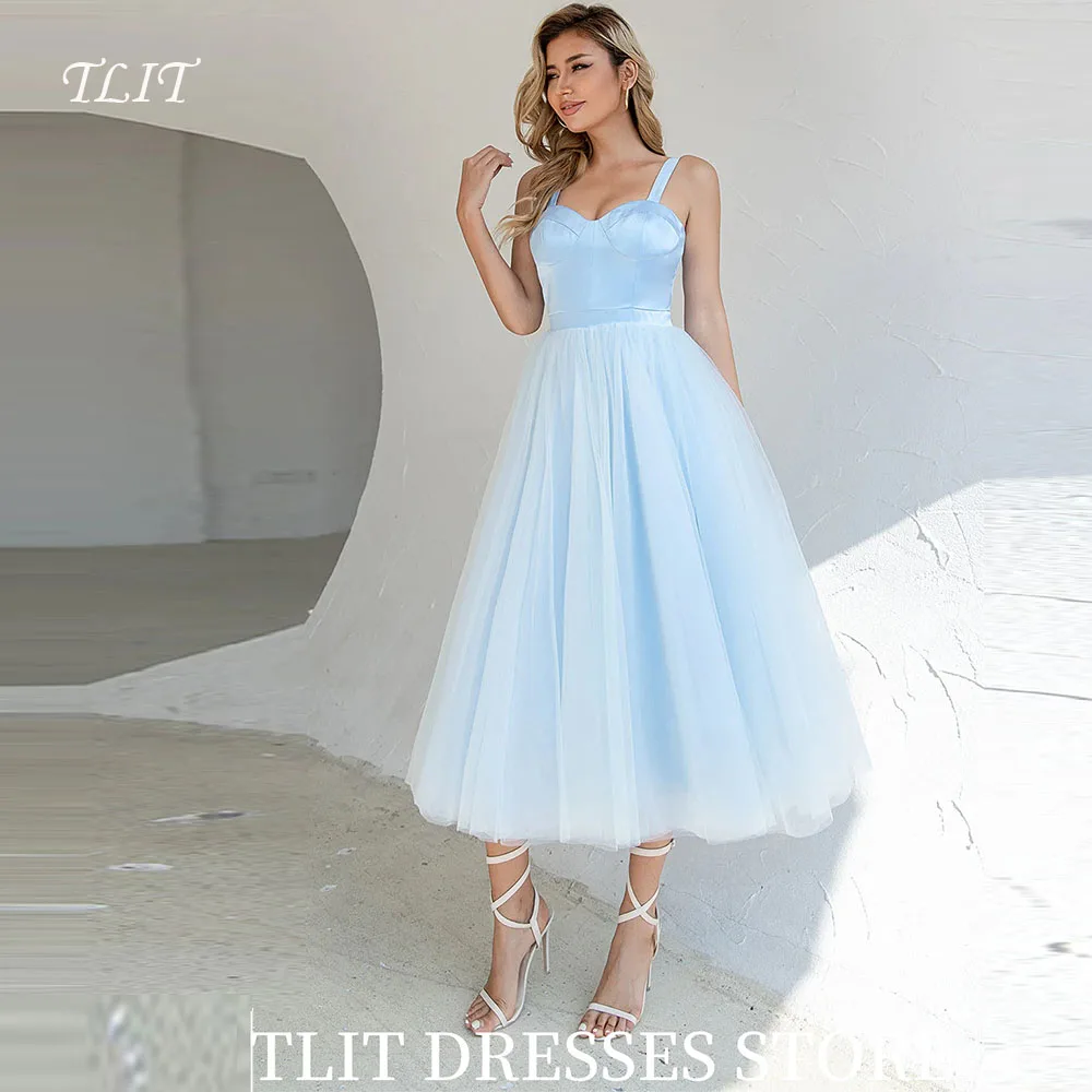 

TLIT Baby Blue A-LINE Tulle Short Evening Gown Dress Sweetheart Spaghetti Strap Draped Prom Gowns Customized Formal Party