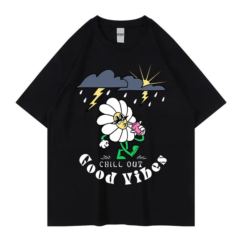 2022 Streetwear Tshirt Hip Hop GOOD VIBES CHILL OUT Print T-shirt Men Harajuku Cotton Loose Summer Short Sleeve Tops Tees