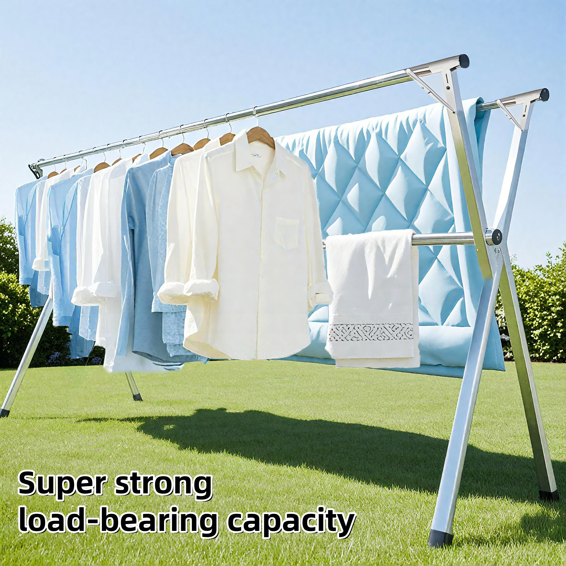

1 foldable metal clothes rack with adjustable three bars, saving space for storage, suitable for indoor and outdoor use, used fo