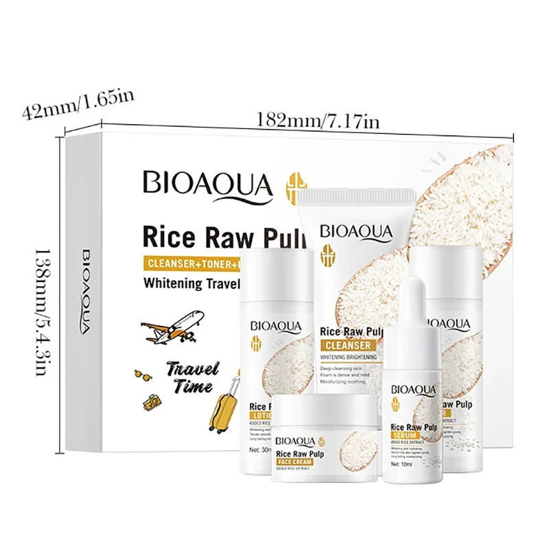 novo-conjunto-de-clareamento-bioaoua-de-5-pecas-com-arroz-cru-ilumina-hidrata-suaviza-limpador-facial-tonico-essencia-locao-creme