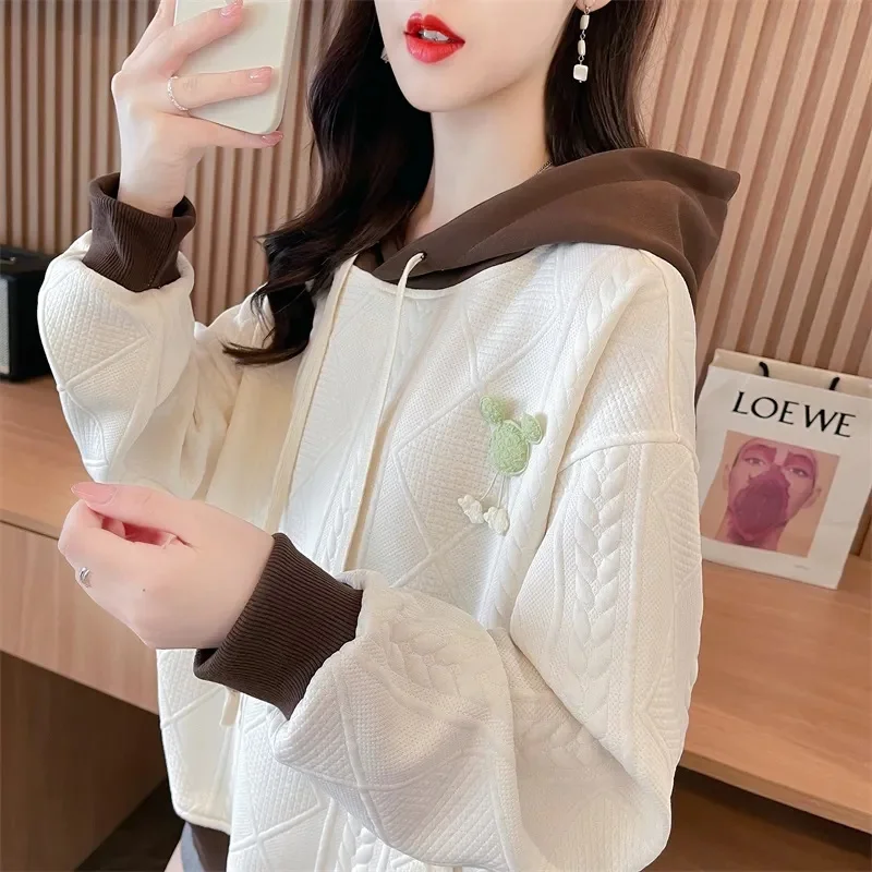 Retro Patchwork Hooded Jacket For Women's Spring Autumn 2023 Thin Loose Niche Design With A Sense Westernization Female sweater