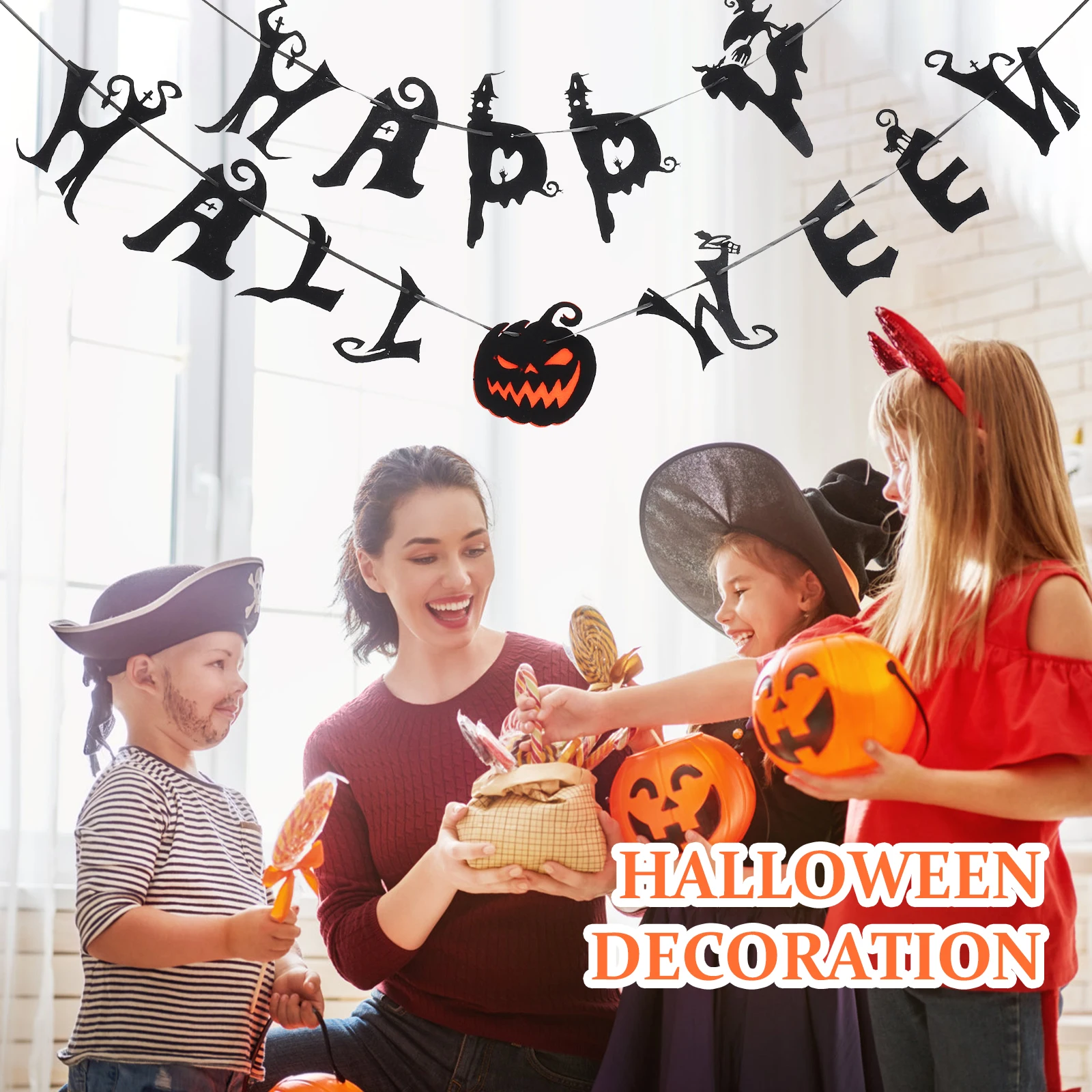 

1 set Happy Halloween Banner Party Decoration Pull Flags Hanging Garland Home Office Indoor Outdoor Bunting Ghost Pumpkin Bat