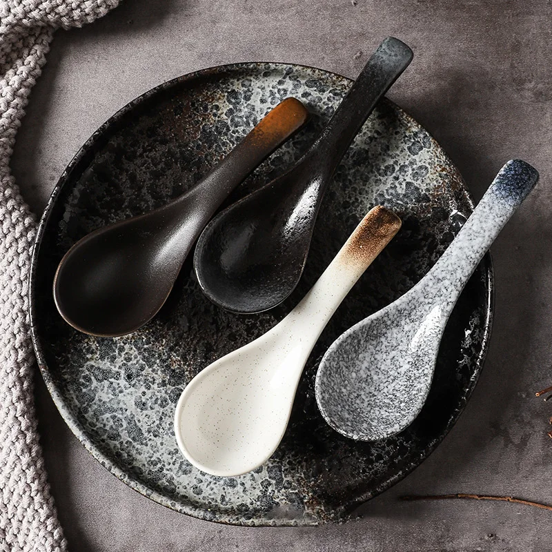 13cm Japanese Retro Ceramic Soup Spoon Eating Spoon Kitchen Utensils Teaspoon Tableware Kitchen Cooking Utensils Tools