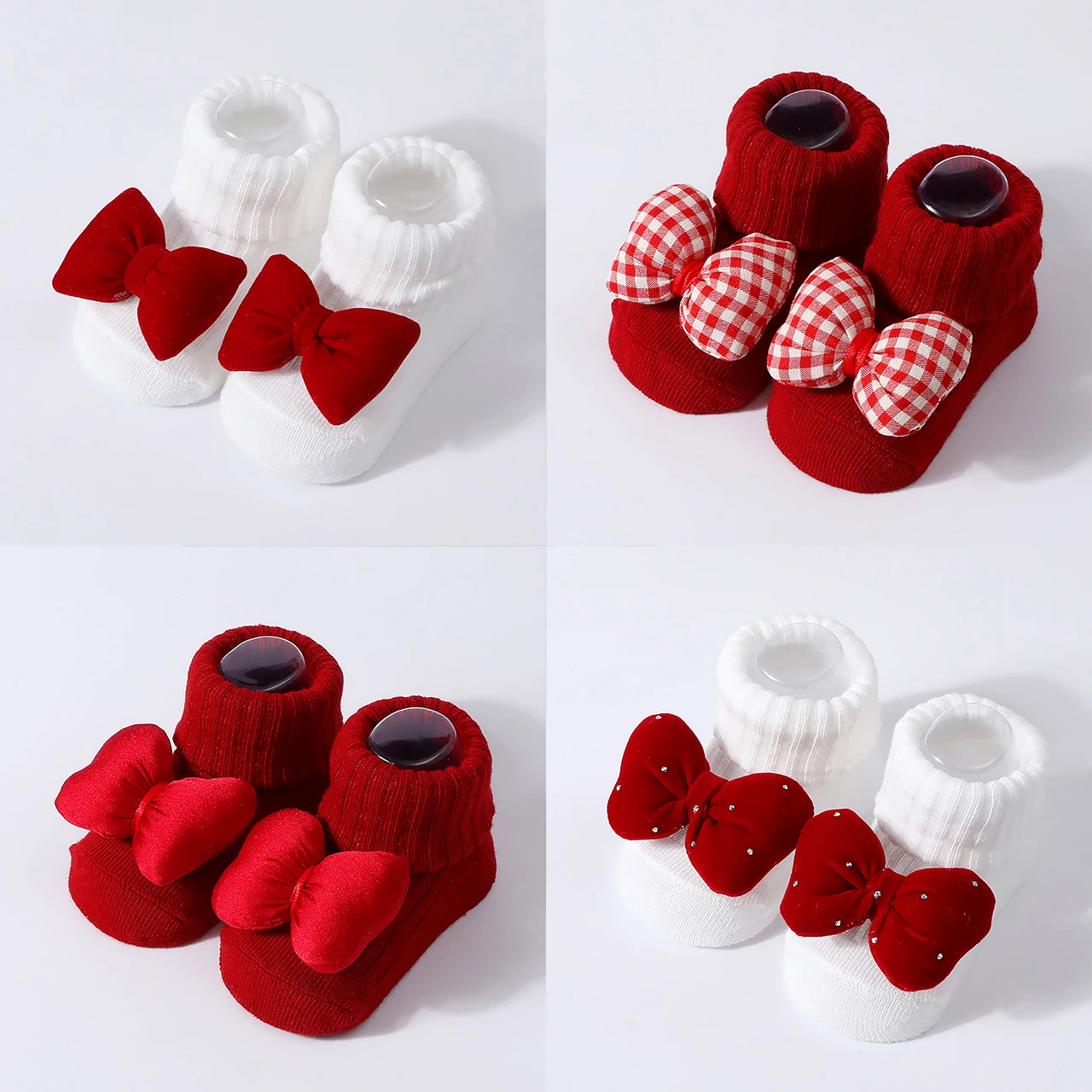 Plaid Bow Baby Knitted Cotton Socks Spring Autumn Children Mid-tube Sock New Year Red Footwear 6-12Month Newborn Walking Socks