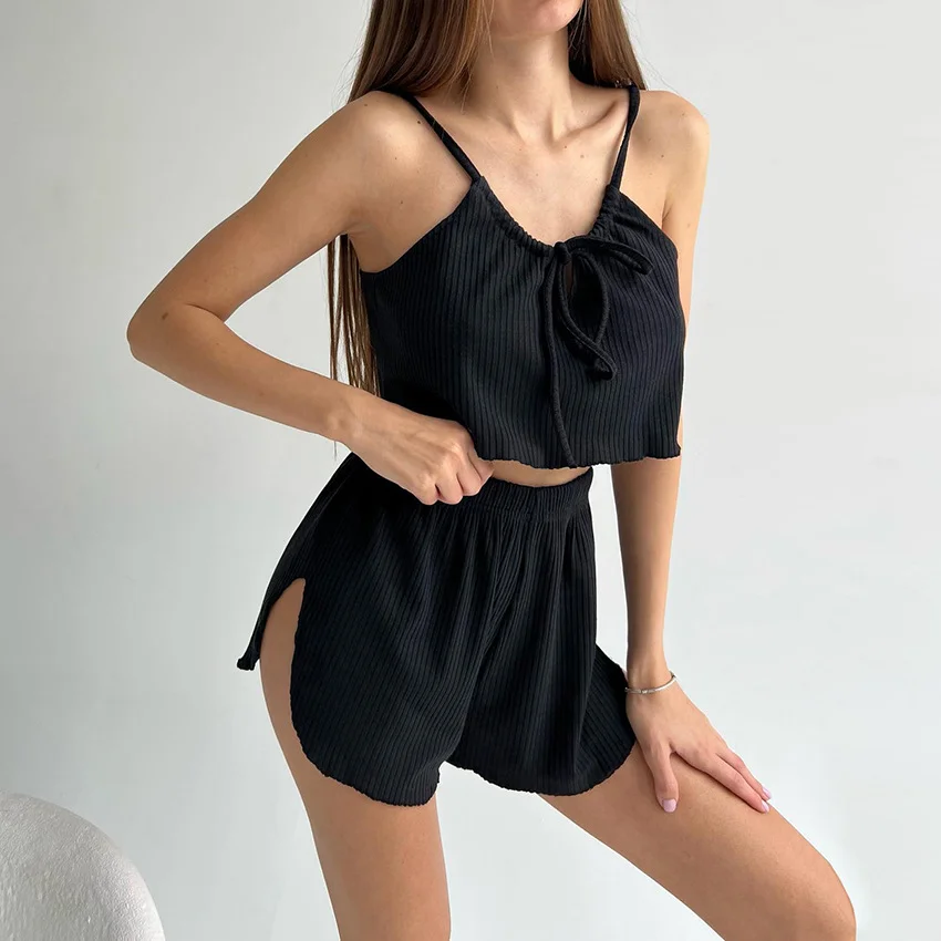 Women's Summer Ribbed Pajamas Set Bow Tied Scoop Neck Spaghetti Straps Camisoles+ Elastic Waist Shorts 2Piece Loungewear Outfits