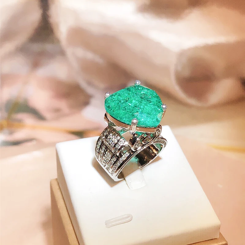 Elegant Paraiba Emerald S925 Silver Heart Full Diamond Couple Ring For Women Lover Geometric Valentine Day Gift Party Jewelry