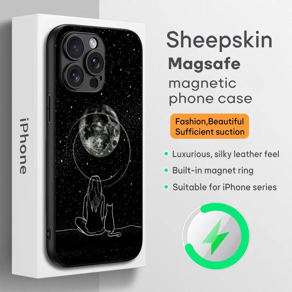 Funda de teléfono con diseño de luna Retro High ins para iPhone 16, 15, 14, 13, 12, 11 Plus Pro Max, piel de oveja Magsafe de lujo de alta gama