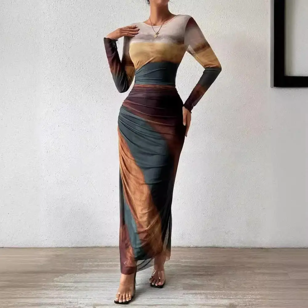 

Women Vintage Contrast Color Long Dress Fashion Patchwork Office Pencil Dress 2024 Spring Long Sleeve Printing Work Clothes