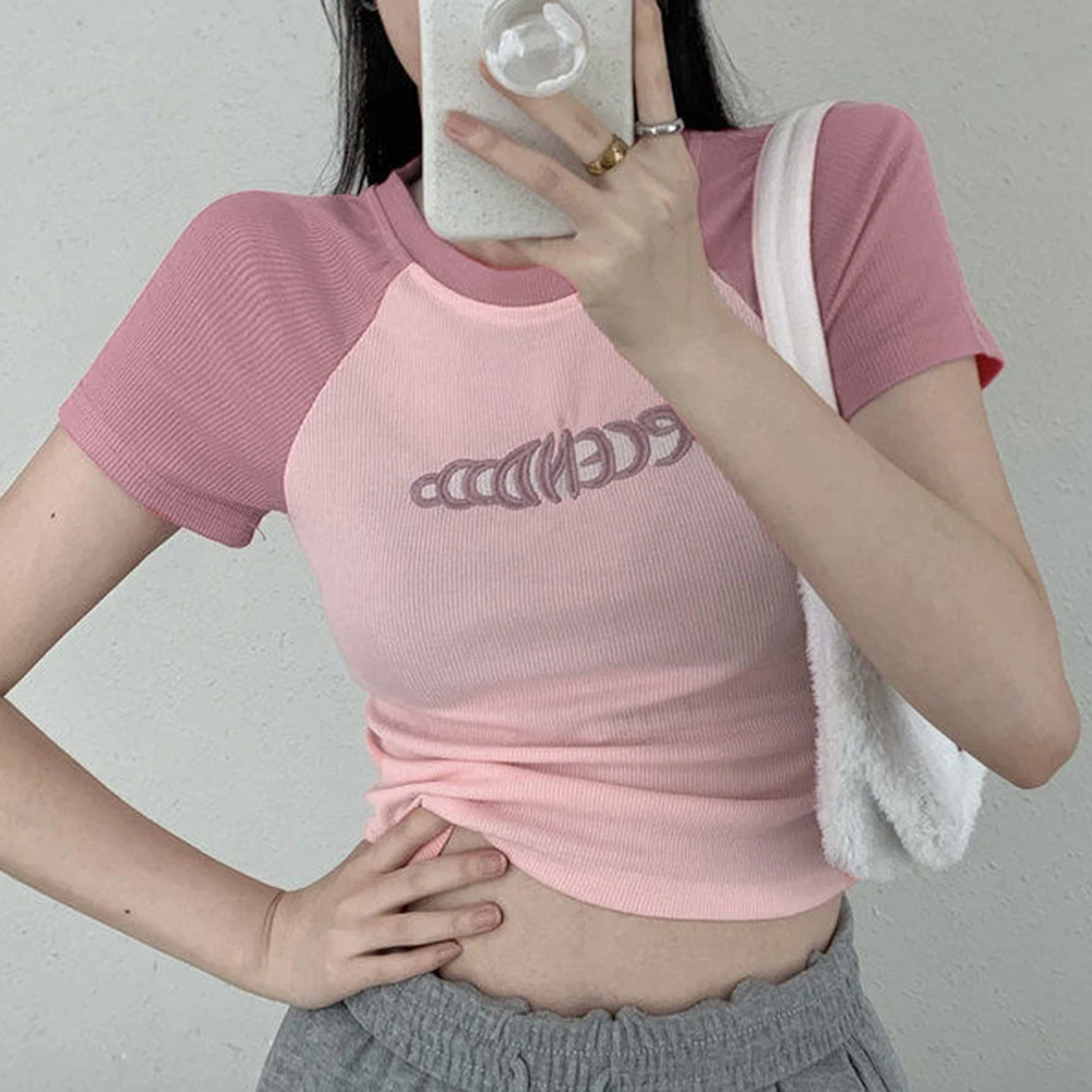 

Укороченные топы с круглым вырезом, женские летние модные повседневные футболки с принтом, базовая сексуальная уличная одежда, коричневая футболка с коротким рукавом