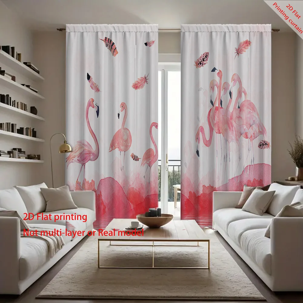 

2D cartoon flamingo curtains, polyester fiber tropical plant printed curtains, suitable for bedroom living room home decoration