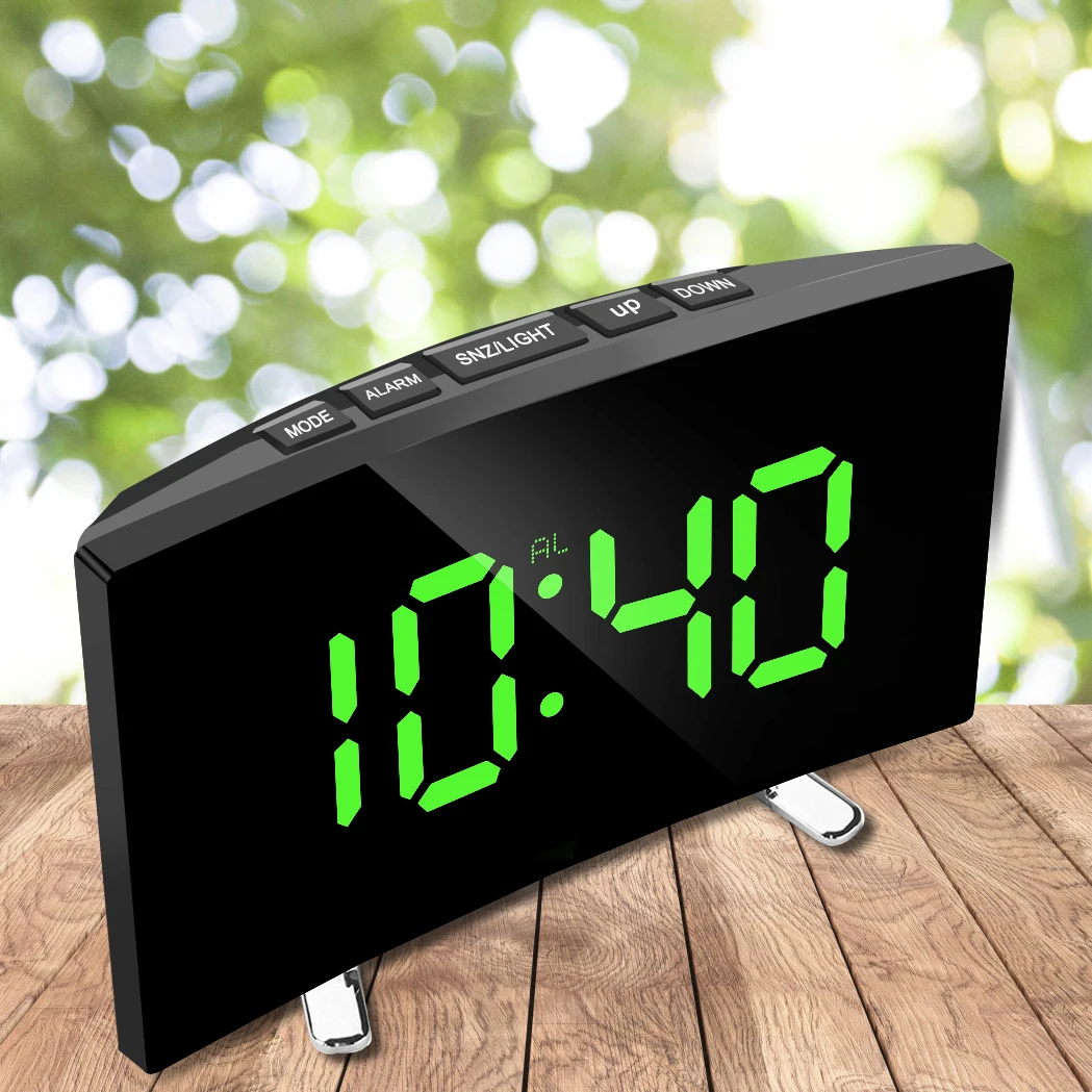 Digital Alarm Clock Curved Dimmable Mirror Clock Desktop Clock Large Number Table Clock LED Screen For Kids Bedroom 7 Inch