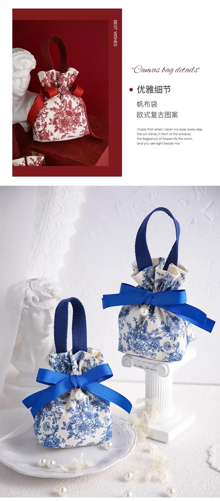 5/10 Stück tragbare Canvas-Süßigkeitentüten mit Kordelzug, Blumenmuster und Schleife, weiche, wiederverwendbare Geschenkverpackungstüten für Hochzeiten – Detail 10