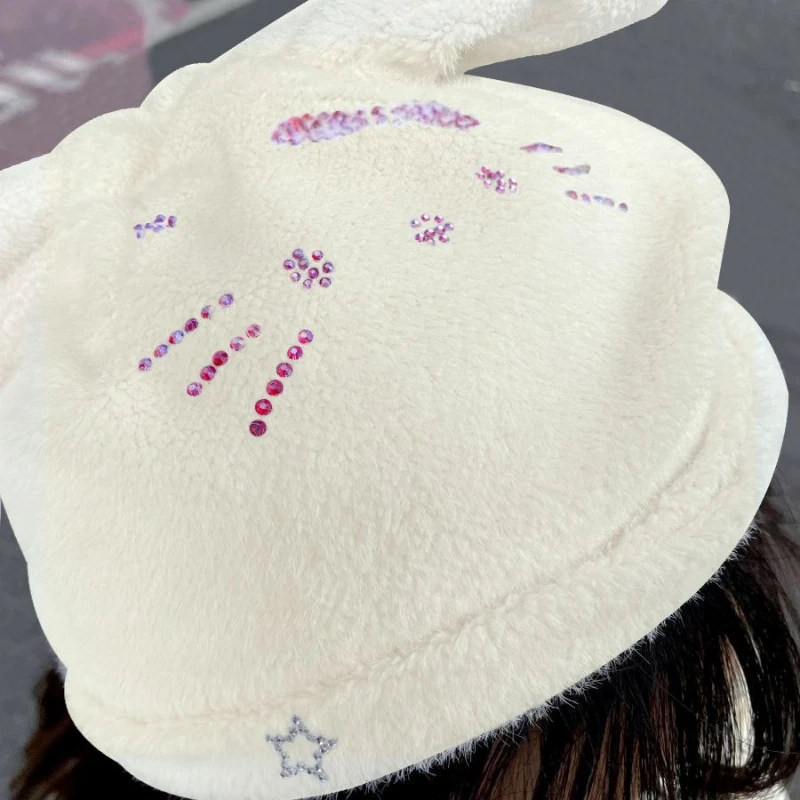 New Sanrio Hello Kitty Pink Diamond Women's Soft Cute Fluffy Hat Rabbit Ears Design Fashion Accessories Winter Hat Headgear Gift