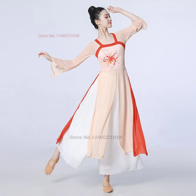 2025년 전통 중국 빈티지 한푸 꽃무늬 시폰 한푸 상의+하의 세트 무용 의상 무대 공연 루퀸 드레스