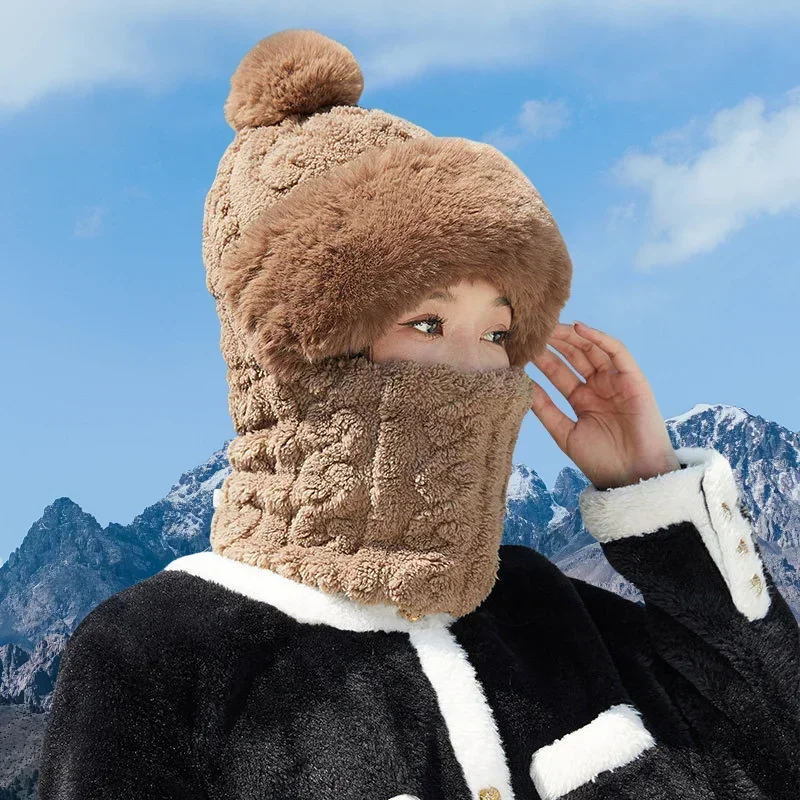 Hot Selling All-in-One Winter Warm Outdoor Hiking Plush Knitted Hat, Outdoor Cycling, Face, Neck Cover Warm Hat
