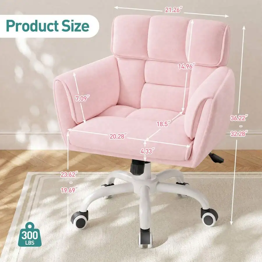 Home Office Chair With Wheels & Side Pockets Vanity Chair Adjustable Height Soft Upholstered Modern Desk Chair With Backrest & A