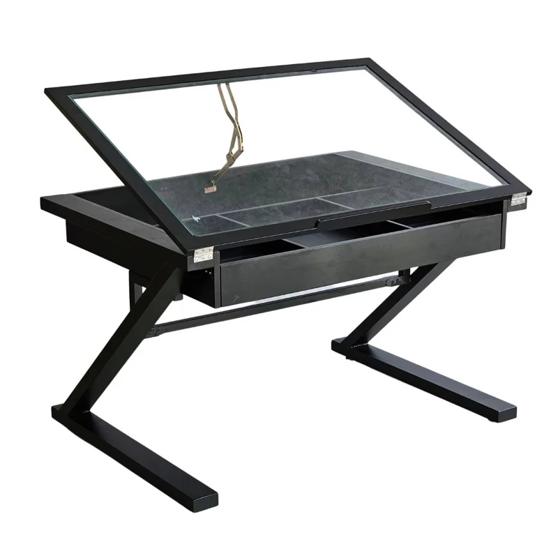 Drawing Table DD68007 Adjustable Modern Architectural Drawing Table, Metal Stand, Glass Desktop, Freestanding, Office/Study/
