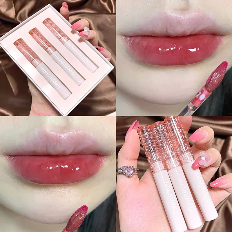 3pcs/set Mirror Glass Water Light Lip Gloss Moisturizing Cherry Pink Lip Glaze Waterproof Non Stick Liquid Lipsticks Makeup