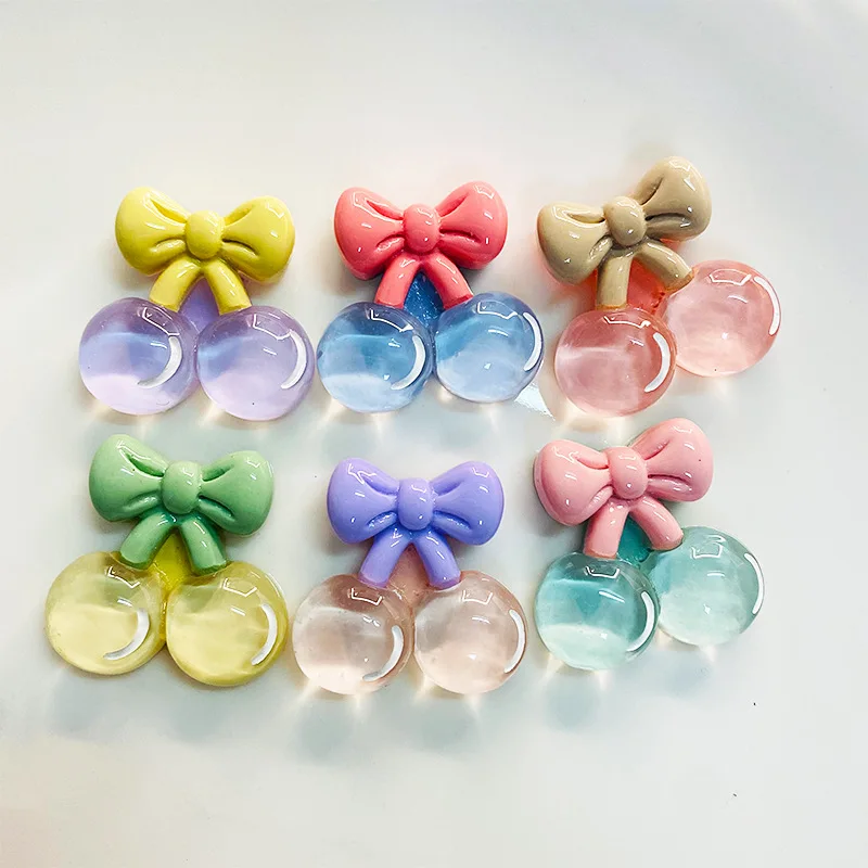 

50pcs Resin Bow Cherry Flatback Bead For Sewing Scrapbooking Craft Diy Figurines Shoes Buckle Headwear Cellphone Decoration