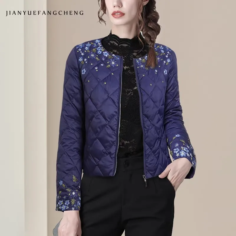 

Женский ультратонкий повседневный стеганый пуховик с вышивкой, утягивающий короткий стильный синий пуховик, теплый зимний топ