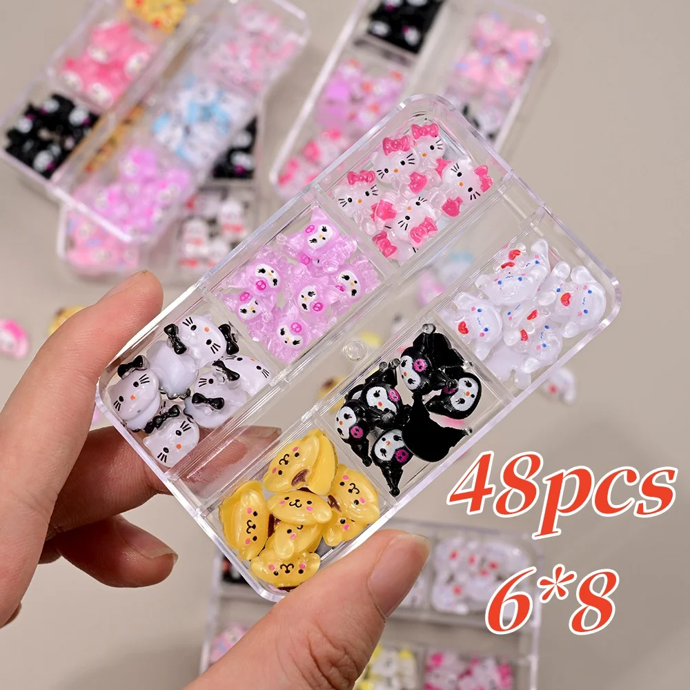 48Pcs 3D Cute Sanrio Family Series Nail Jewelry Cartoon Hello Kitty Kuromi My Melody Nail Charms Rhinestone Gems Accessories 6*8