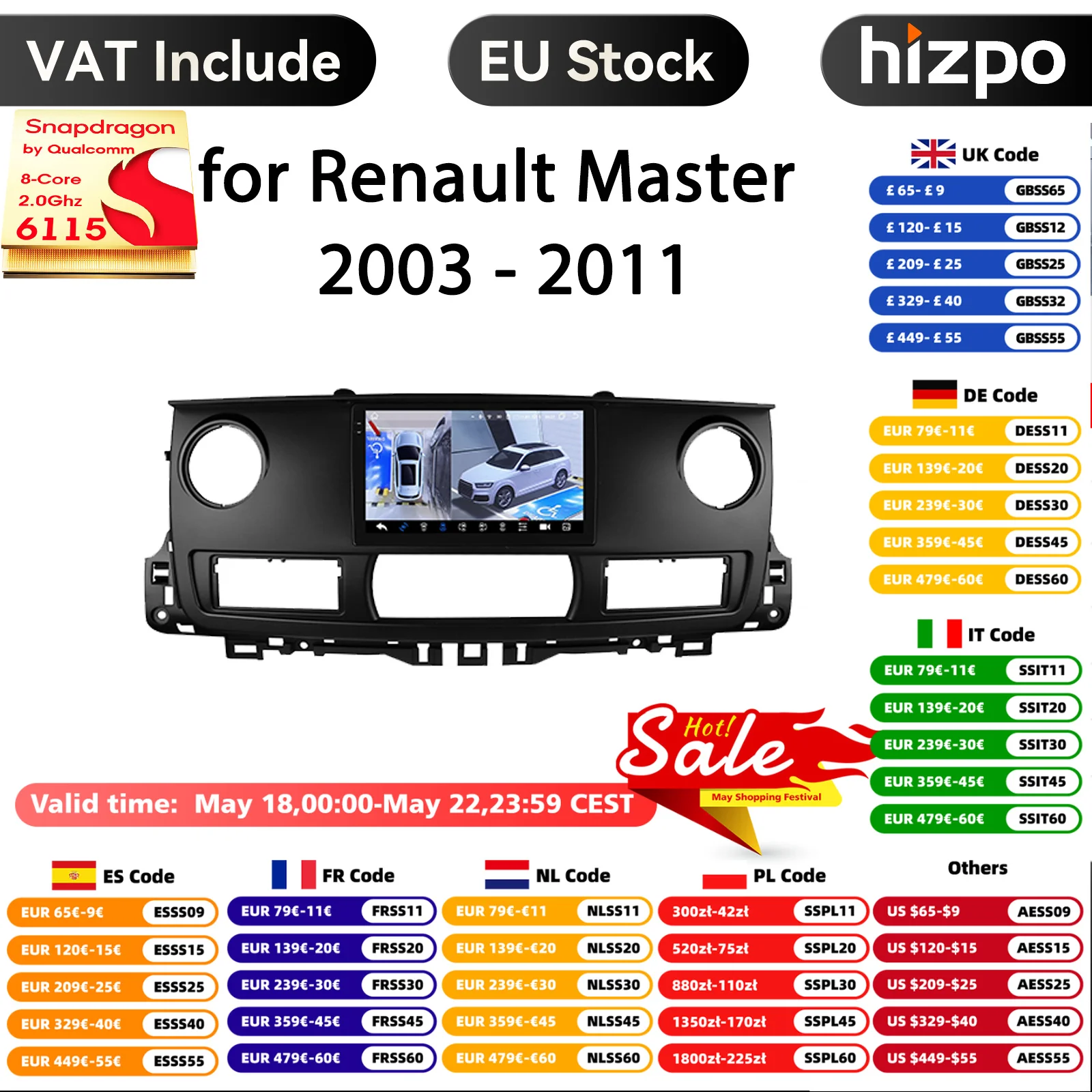 Hizpo systèmes intelligents 2 Din Android 14 autoradio pour Renault Master 2003 - 2011 lecteur vidéo multimédia Carplay 4G GPS