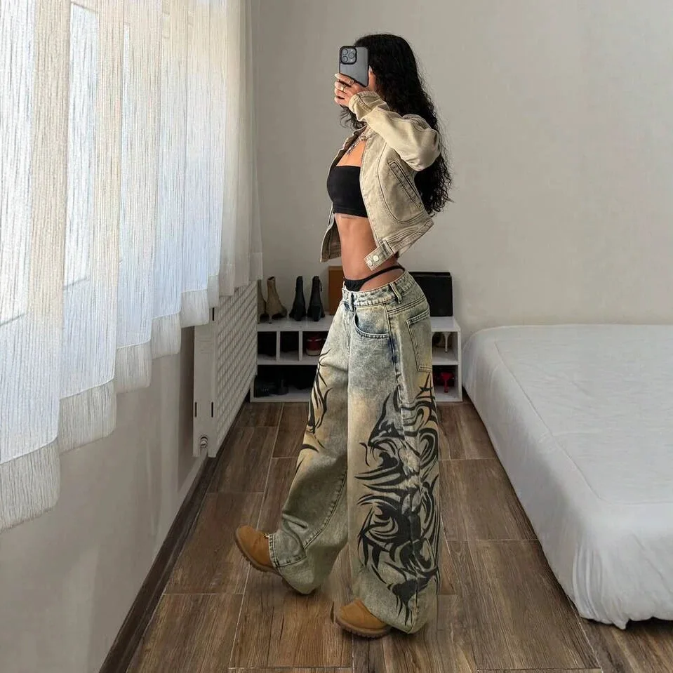 Graphic Swirl Print Jeans Women Vintage Washed Straight Blue Denim Pants Loose Fit Streetwear Casual New Chic Cozy Bottoms