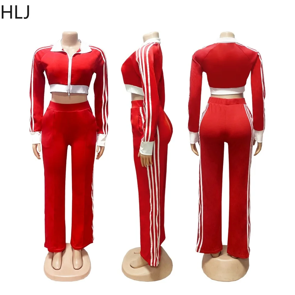 ชุดเซ็ทสองชิ้นสไตล์สปอร์ตแบบแพทช์เวิร์ค คอลเลคชั่นฤดูใบไม้ร่วง HLJ สำหรับผู้หญิง เสื้อครอปแขนยาวติดซิปและกางเกงขายาว ลายทางแฟชั่น ชุดวอร์ม 2 ชิ้น