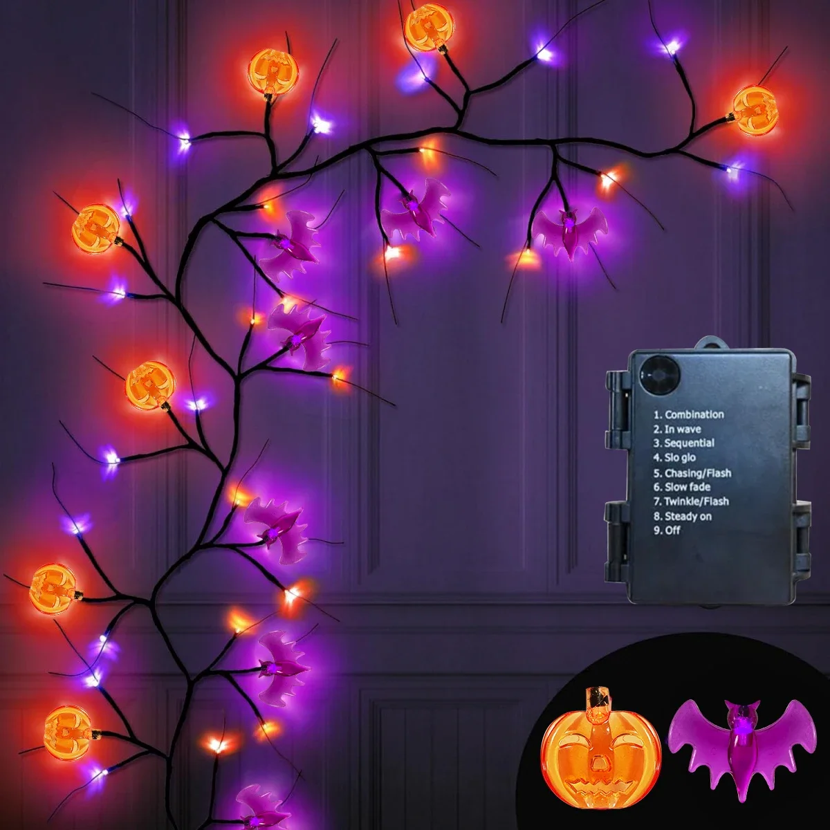 Pop 1PC 1.8M Halloween Lights Black Willow Vine Twig Pumpkin And Bat Decorative Branches Lamp Waterproof Battery Operated For Ho