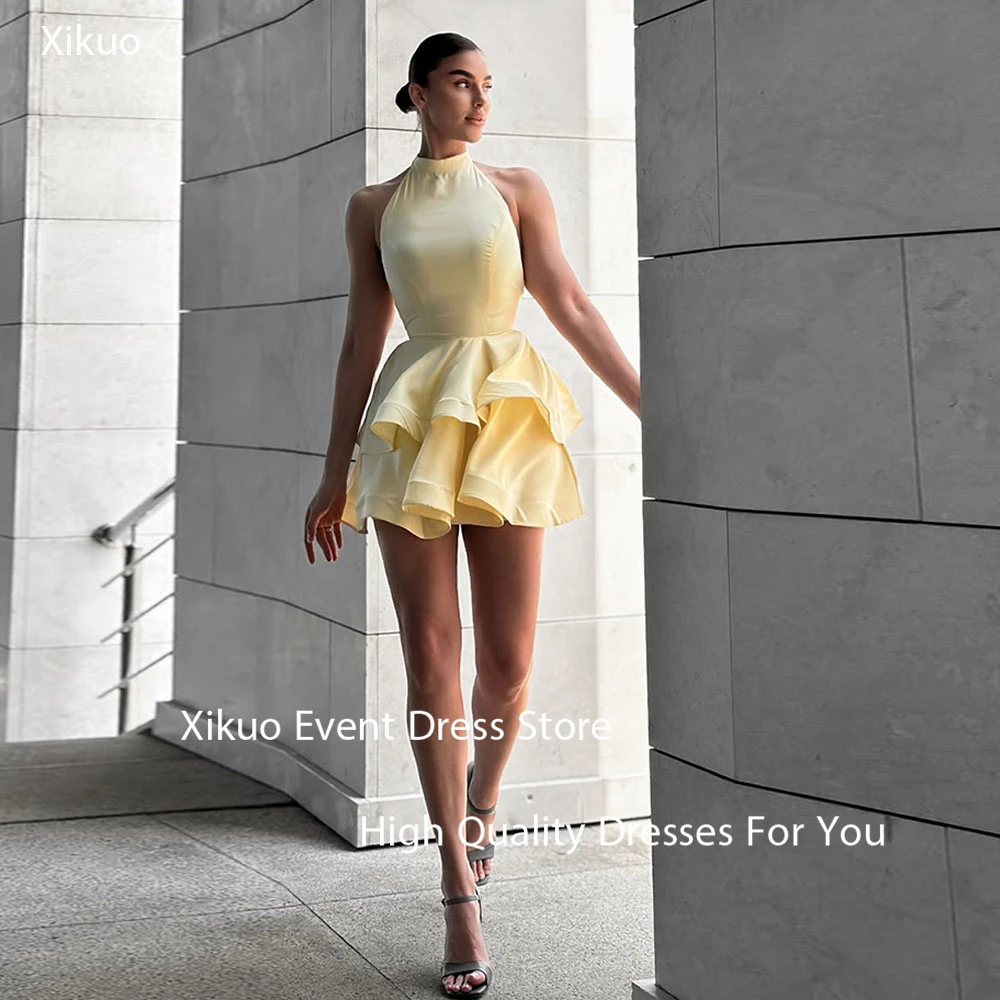 

Xikuo Graceful Yellow Satin Evening Gowns Above Knee Halter Prom Dresses A Line Pleated Backless Vestidos De Fiesta Customized