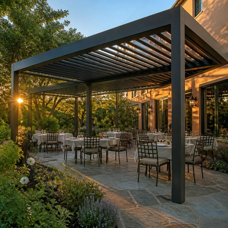 Jiake Aluminum Pergola with Motorized Louvered Roof and LED Outdoor Restaurant Garden Gazebo Terrace Commercial Use