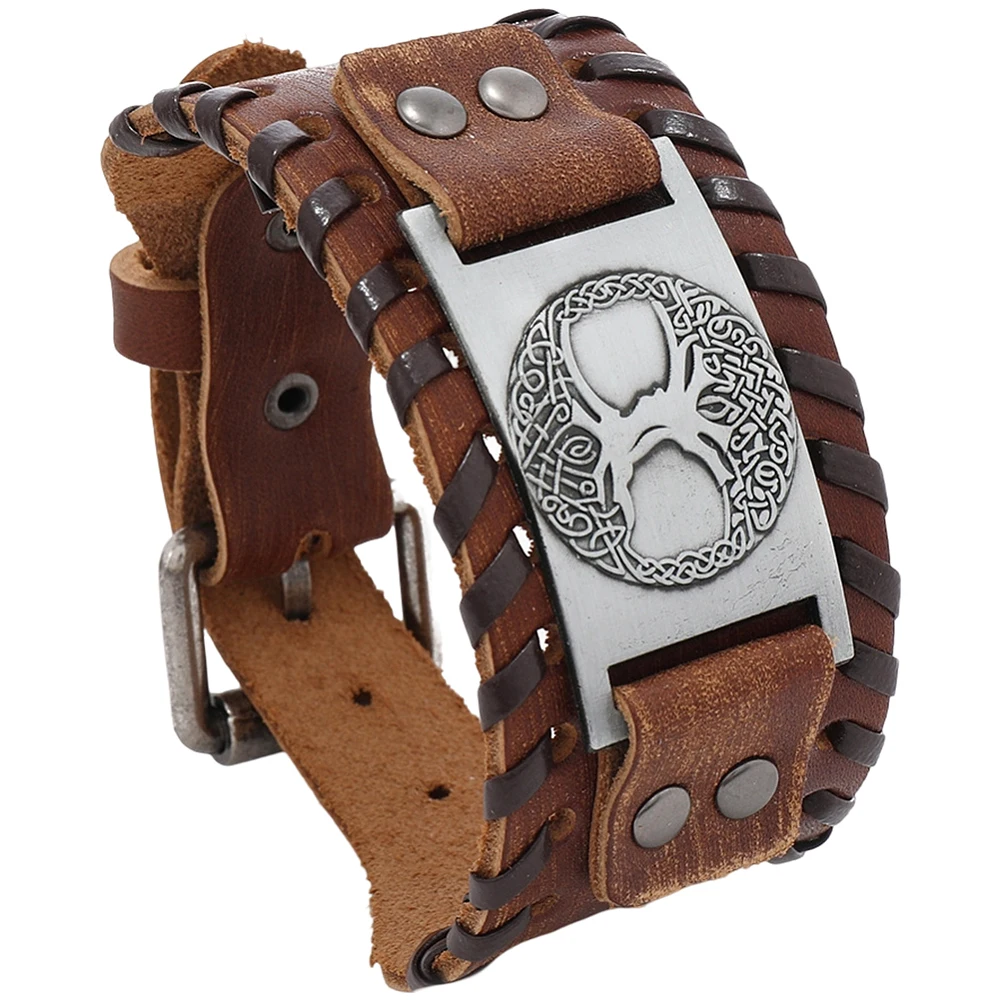 Genuine Leather Cuff Bracelet Tree of Life Gothic Brown Cowhide Leather Wrap Wristband Adjustable Punk Nordic Dara Celtic Knot