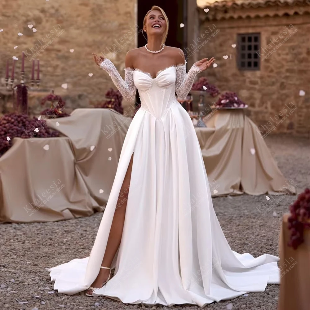 Elegant Wedding Dresses Satin Bridal Gowns Lace Appliques Sweetheart Off The Shoulder Robes Vestidos De Novia Customized 2026
