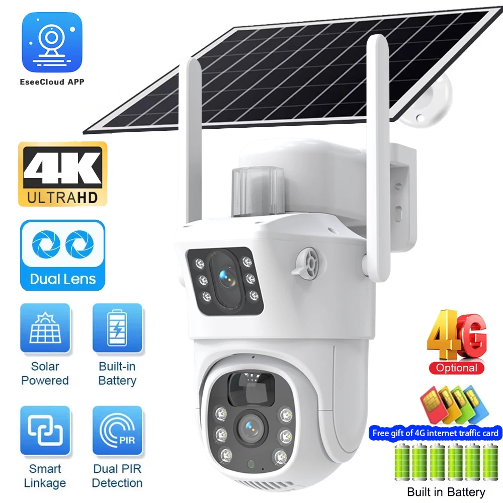 4K 8MP WIFi/4G Sim Card Solar Camera Outdoor Battery PTZ IP Camera Dual Lens Surveillance Camera EseeCloud Security Protection