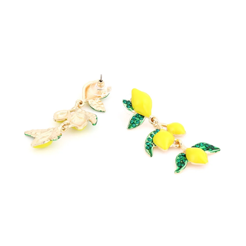 New fresh with alloy oil drop diamond lemon earrings with exaggerated holiday style enamel fruit earrings