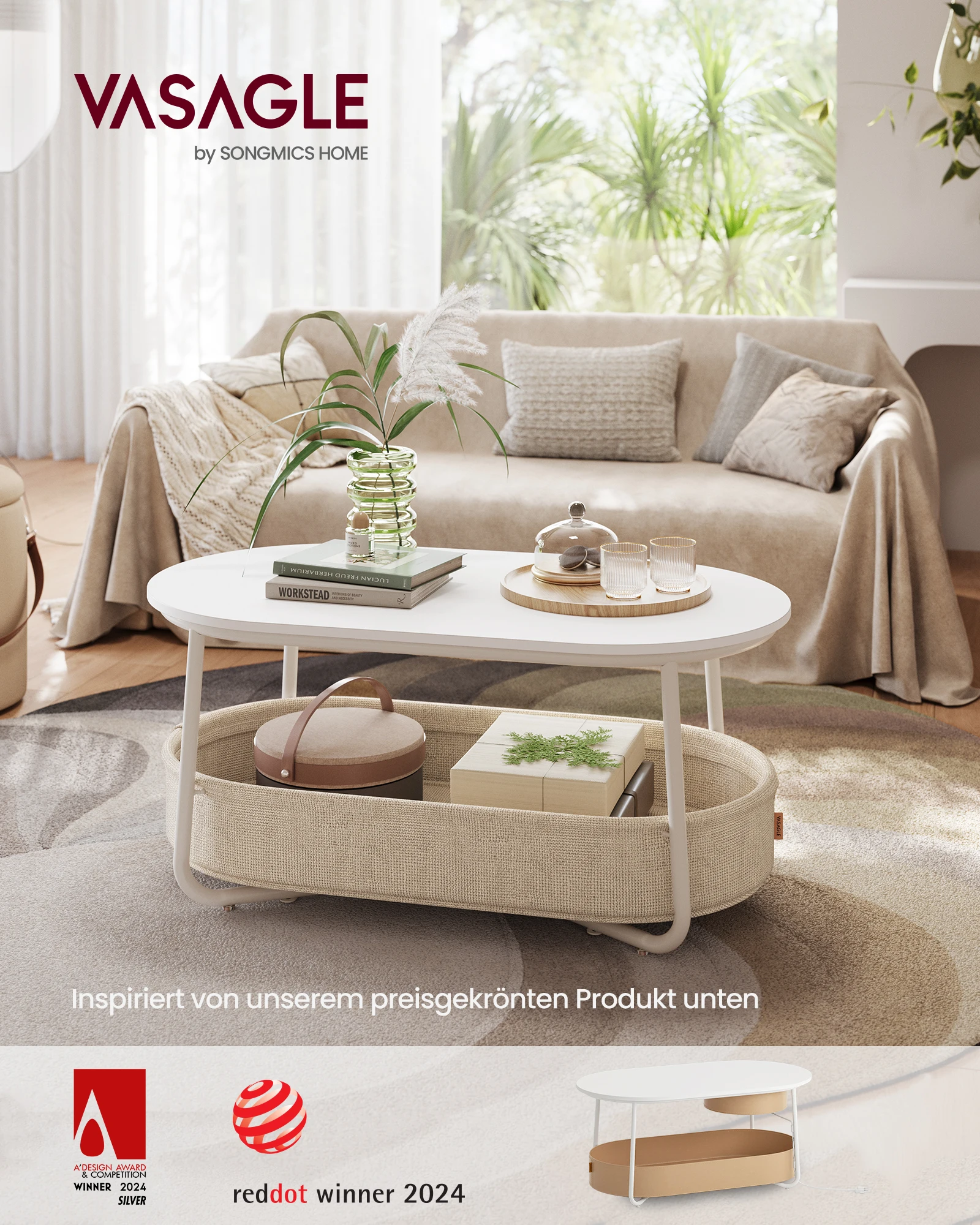 VASAGLE Couchtisch, Beistelltisch, moderner mit Stoffkorb, Wohnzimmer