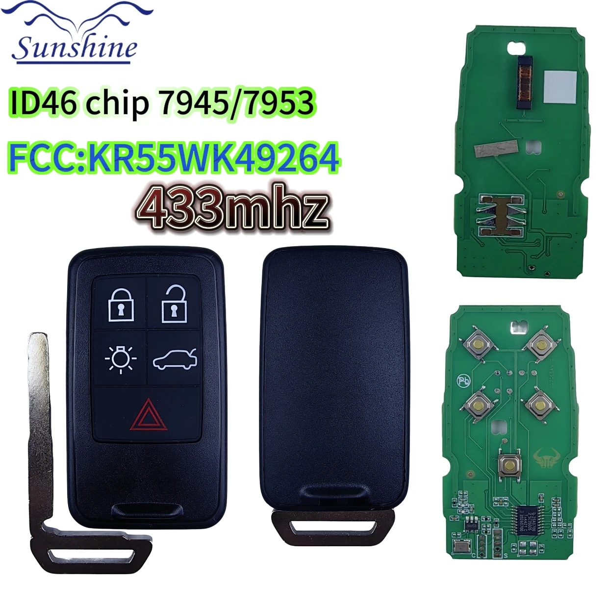 

Умный автомобильный ключ с дистанционным управлением Sunshine для Volvo XC60 S60 S60L V40 V60 S80 XC70 433 МГц FSK ID46 FCCID KR55WK49264, брелок с 5 кнопками, чехол для ключей
