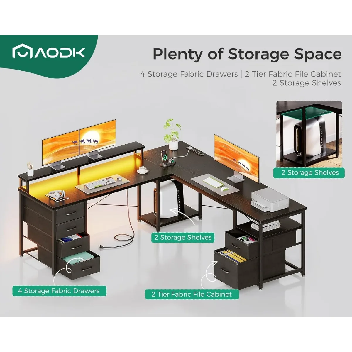 Mesa em forma de L computador com luzes LED, reversível Home Office Desk, armário de arquivos e 4 gavetas de tecido, dois Desk Pessoa, 66 in, 113 in