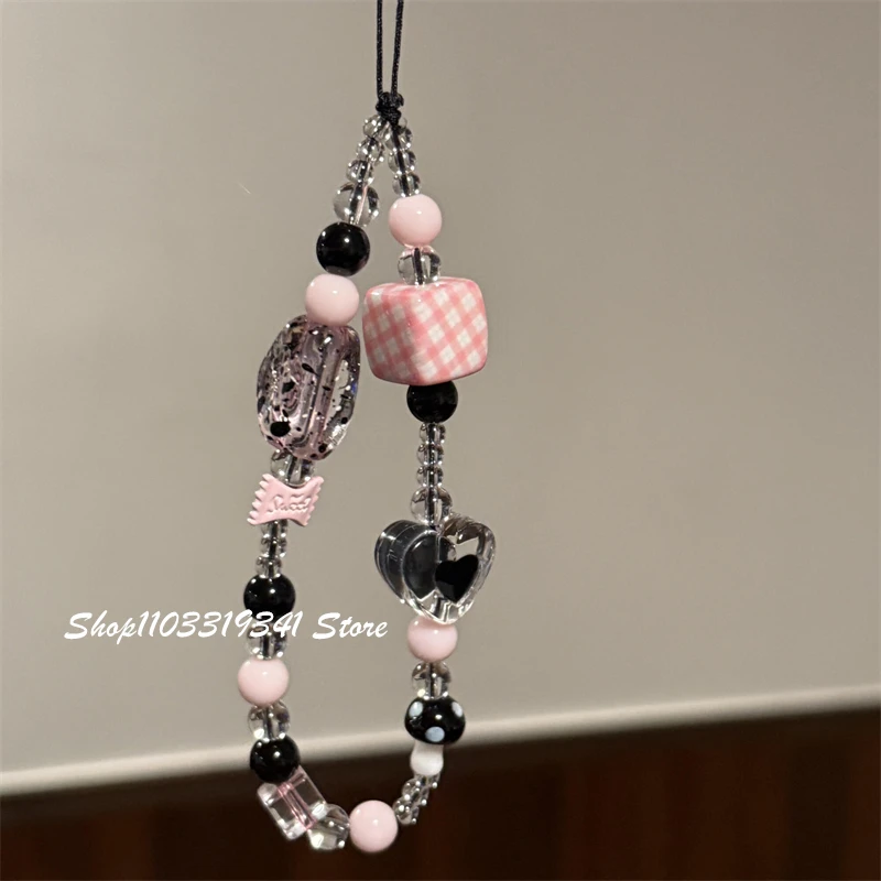 

Korea Cute Y2K Love Heart Candy Beaded Phone Charm Chain For Phone Case Phone Straps Accessories Anti-Lost Keychain Lanyard Gift