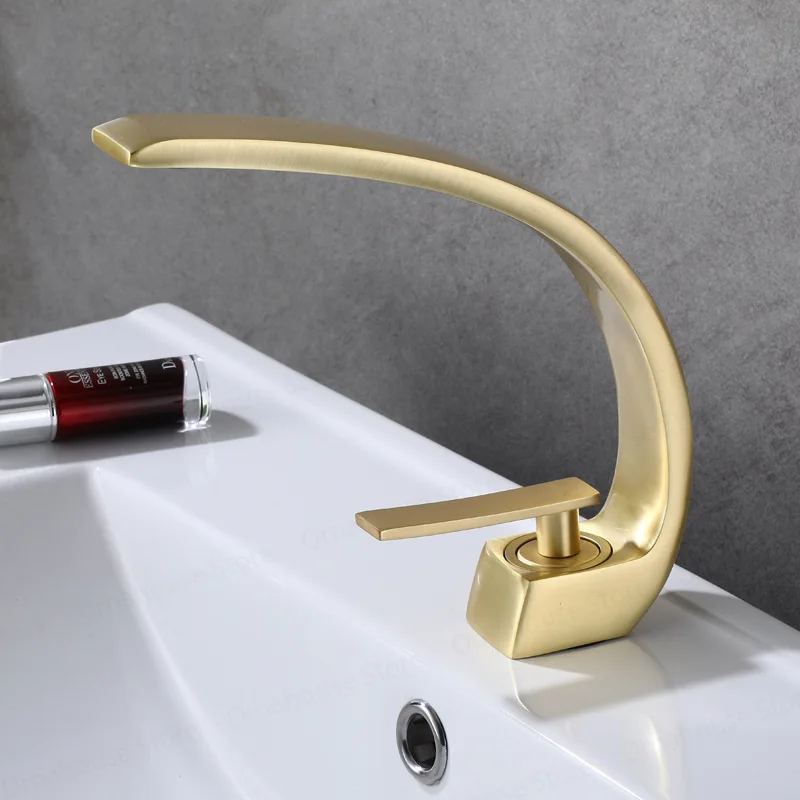 

Creative Luxury Brass Basin Faucet Stainless Steel Hot Cold Water Mixer Tap Single Handle Moon Curved Bathroom Basin Faucet