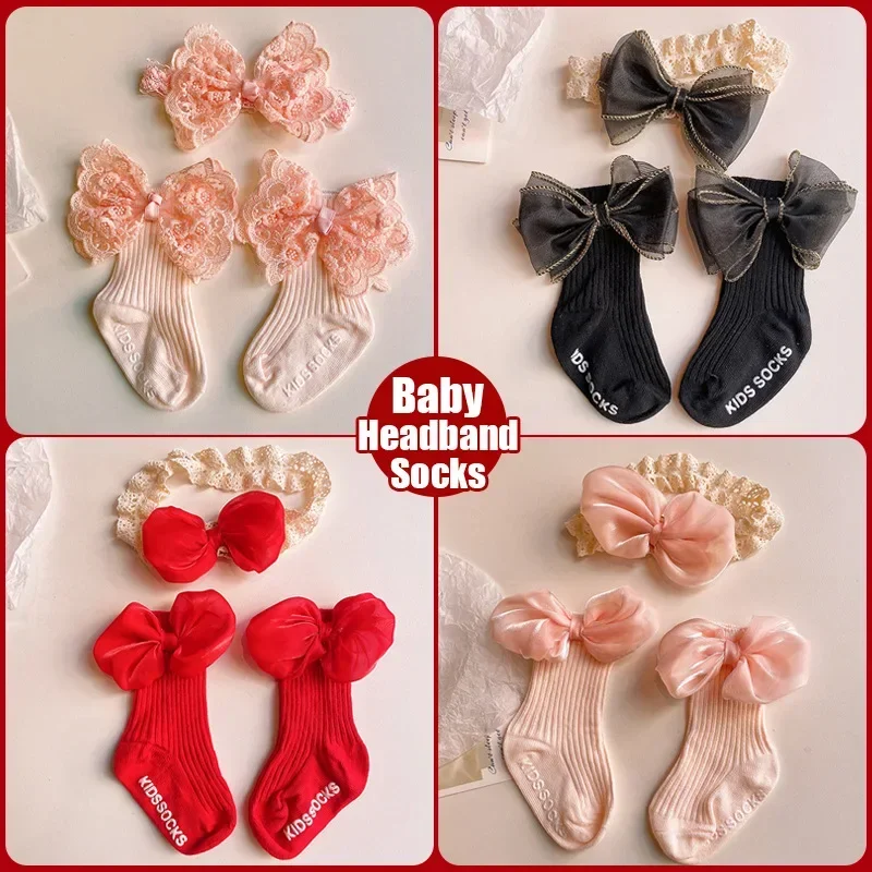 Infant Baby Sock Headband for Toddler European Style Ruffle Bowknot Calf Sock for Newborn Lace Headband Cute Photograpjy Props