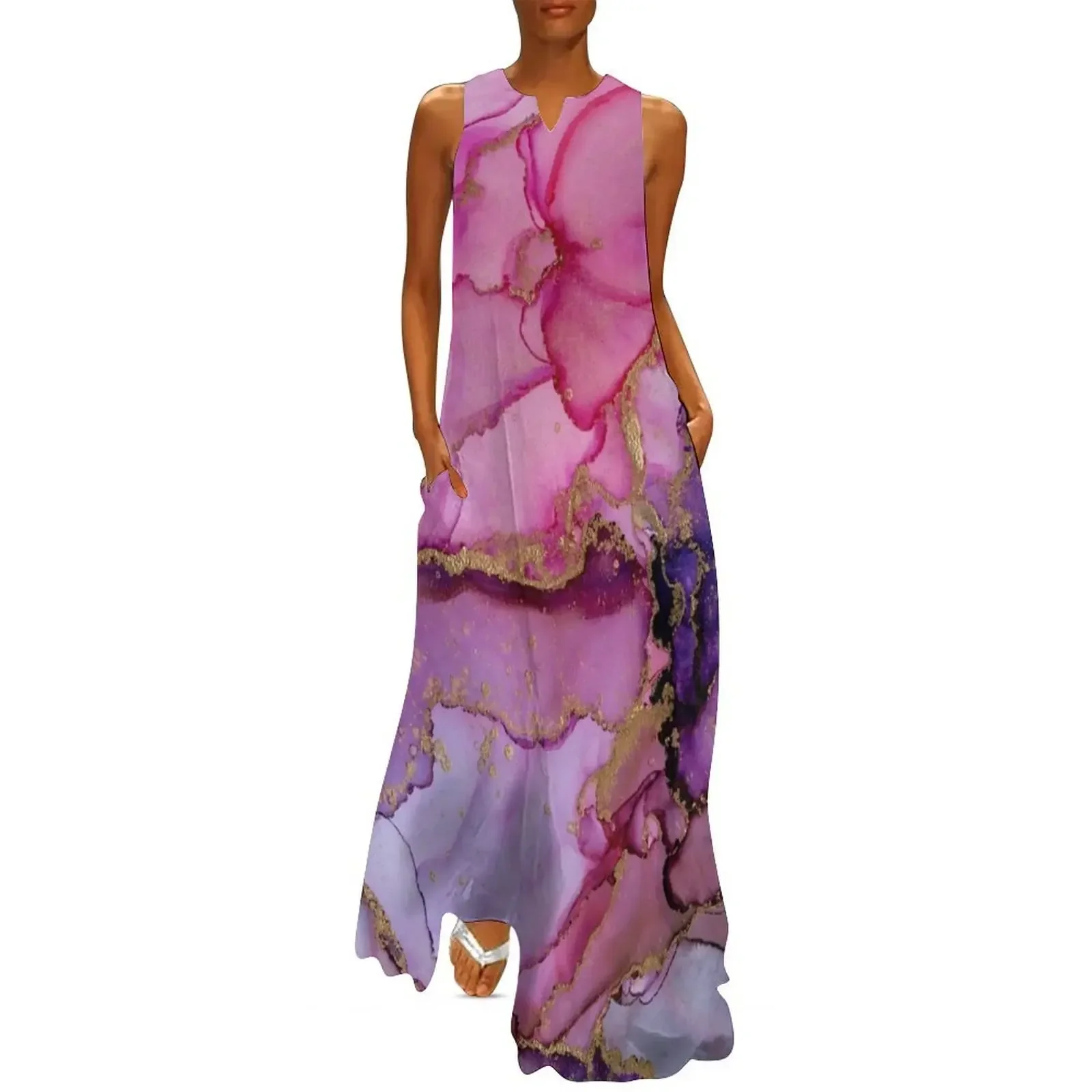 

Magenta Gold Marble Abstract Ink Long Dress dress women elegant luxury women's clothing trend 2025 Dance dresses Dress
