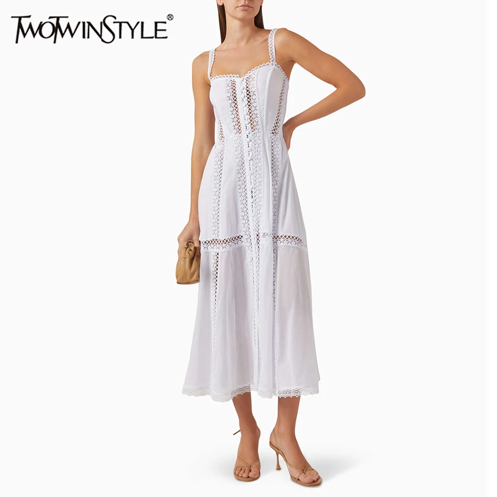 

TWOTWINSTYLE Solid Hollow Out Elegant Dresses for Women Square Neck Sleeveless Patchwork Single Breasted Dress Female Clothing