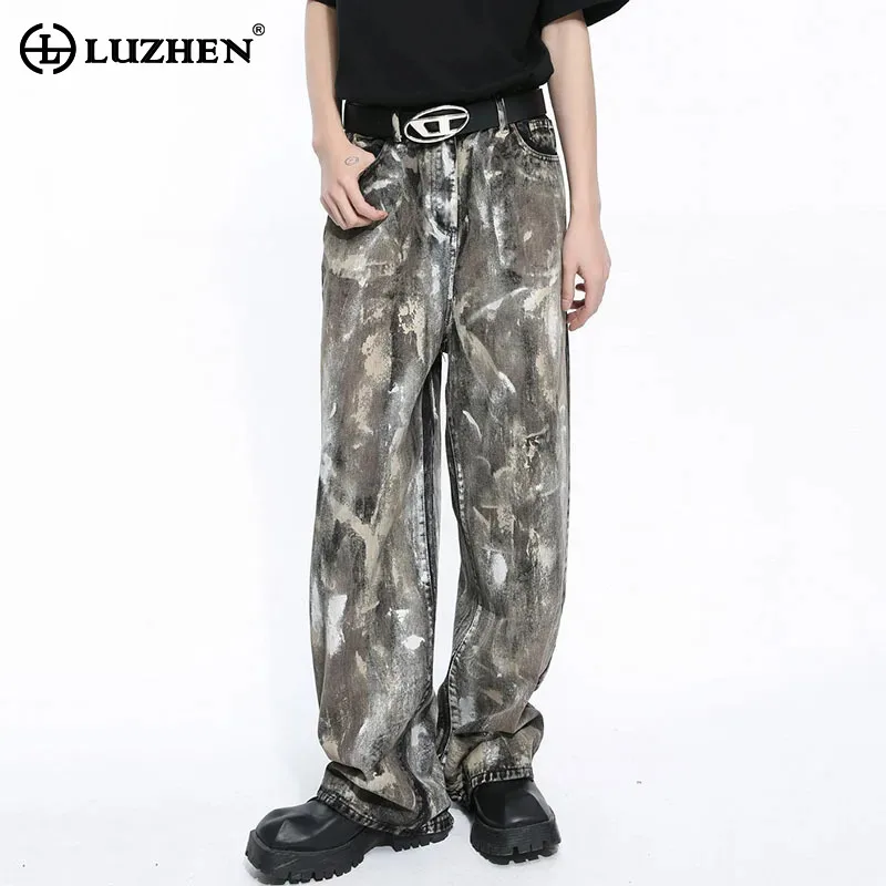 

LUZHEN Retro Pockets Camouflage Contrast Color Male Baggy Jeans Men's Denim Straight Pants Personality Spring New Stylish 9C4734