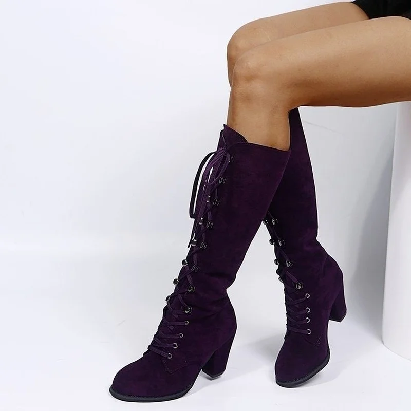 Winter Autumn Woman Knee High Boots Woman Long Boots Lace Up Fashion Woman Boots Footwear 35-43 Purple Square Heel Women Shoes