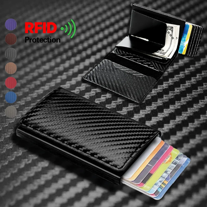 Carbon Fiber Credit Card Holder Wallet Men Rfid Smart Metal Thin Slim Pop Up Minimalist Wallet Small Black Purse Metal Wallet