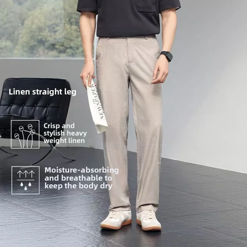 2026 Summer Men's Linen Blend Straight Leg Pants Breathable Elastic Waist Casual Trousers Lightweight for Daily & Office Wear